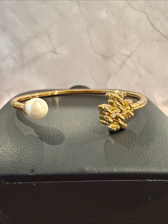 Tory Burch Jewelry - Tory Burch | Gold Plated Grooved Logo & Pearl Accent Open Cuff Bracelet